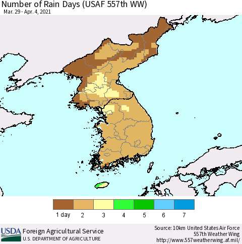 Korea Number of Rain Days (USAF 557th WW) Thematic Map For 3/29/2021 - 4/4/2021