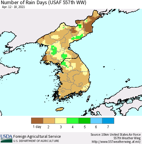 Korea Number of Rain Days (USAF 557th WW) Thematic Map For 4/12/2021 - 4/18/2021