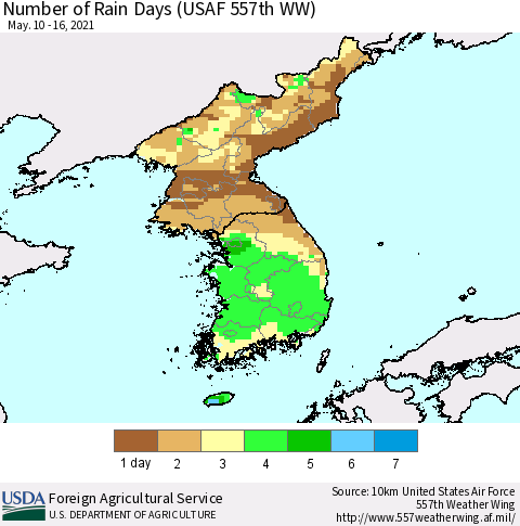 Korea Number of Rain Days (USAF 557th WW) Thematic Map For 5/10/2021 - 5/16/2021