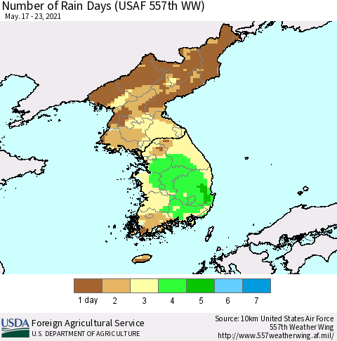 Korea Number of Rain Days (USAF 557th WW) Thematic Map For 5/17/2021 - 5/23/2021