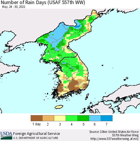 Korea Number of Rain Days (USAF 557th WW) Thematic Map For 5/24/2021 - 5/30/2021