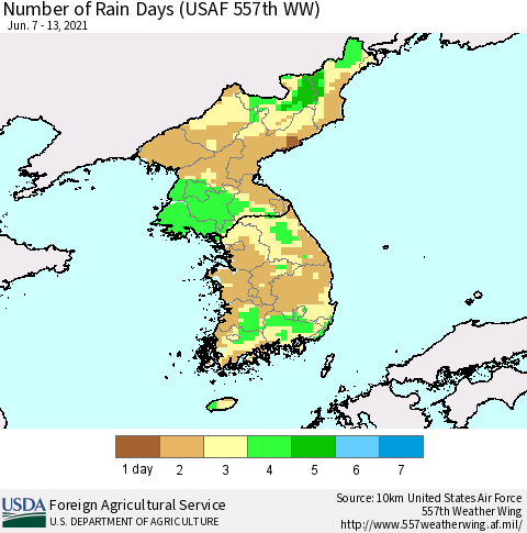Korea Number of Rain Days (USAF 557th WW) Thematic Map For 6/7/2021 - 6/13/2021