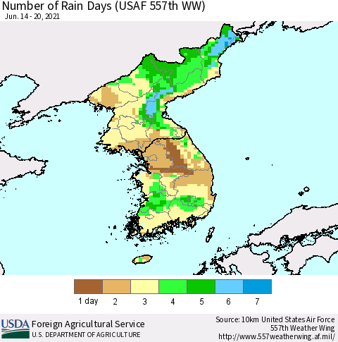 Korea Number of Rain Days (USAF 557th WW) Thematic Map For 6/14/2021 - 6/20/2021