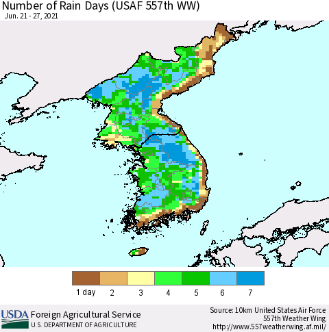 Korea Number of Rain Days (USAF 557th WW) Thematic Map For 6/21/2021 - 6/27/2021