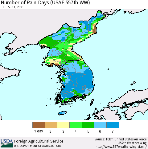 Korea Number of Rain Days (USAF 557th WW) Thematic Map For 7/5/2021 - 7/11/2021