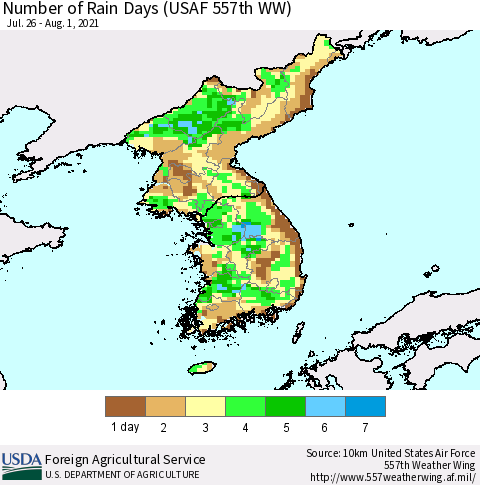Korea Number of Rain Days (USAF 557th WW) Thematic Map For 7/26/2021 - 8/1/2021