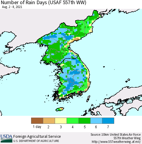 Korea Number of Rain Days (USAF 557th WW) Thematic Map For 8/2/2021 - 8/8/2021