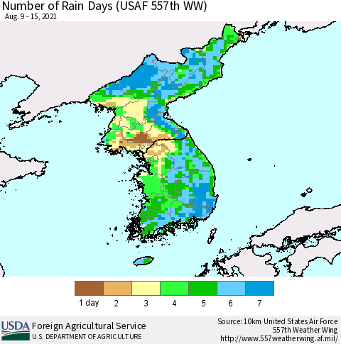 Korea Number of Rain Days (USAF 557th WW) Thematic Map For 8/9/2021 - 8/15/2021