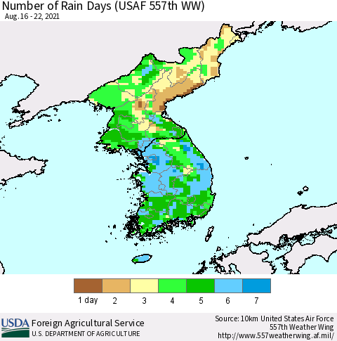 Korea Number of Rain Days (USAF 557th WW) Thematic Map For 8/16/2021 - 8/22/2021