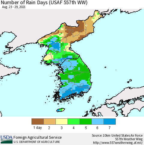 Korea Number of Rain Days (USAF 557th WW) Thematic Map For 8/23/2021 - 8/29/2021
