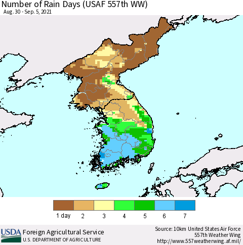 Korea Number of Rain Days (USAF 557th WW) Thematic Map For 8/30/2021 - 9/5/2021