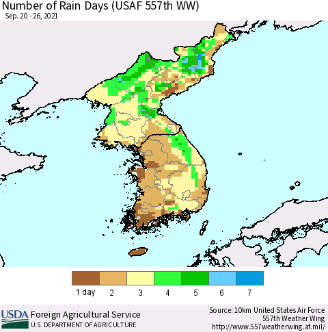 Korea Number of Rain Days (USAF 557th WW) Thematic Map For 9/20/2021 - 9/26/2021