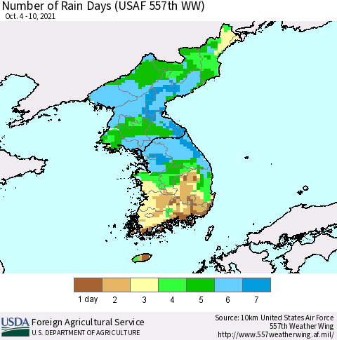 Korea Number of Rain Days (USAF 557th WW) Thematic Map For 10/4/2021 - 10/10/2021