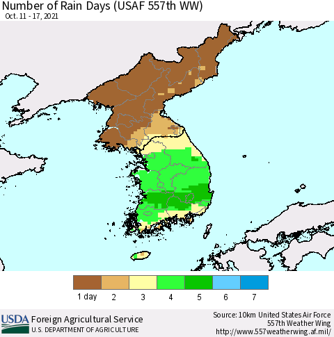Korea Number of Rain Days (USAF 557th WW) Thematic Map For 10/11/2021 - 10/17/2021