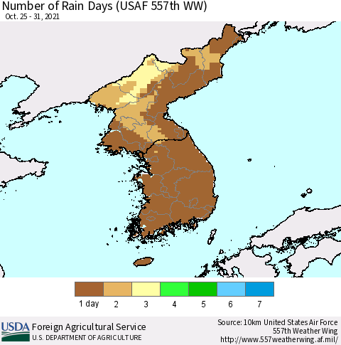 Korea Number of Rain Days (USAF 557th WW) Thematic Map For 10/25/2021 - 10/31/2021