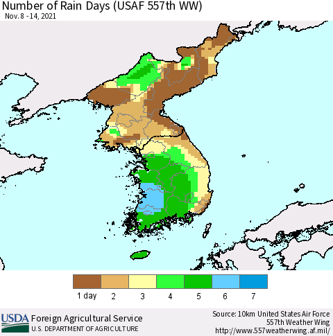 Korea Number of Rain Days (USAF 557th WW) Thematic Map For 11/8/2021 - 11/14/2021