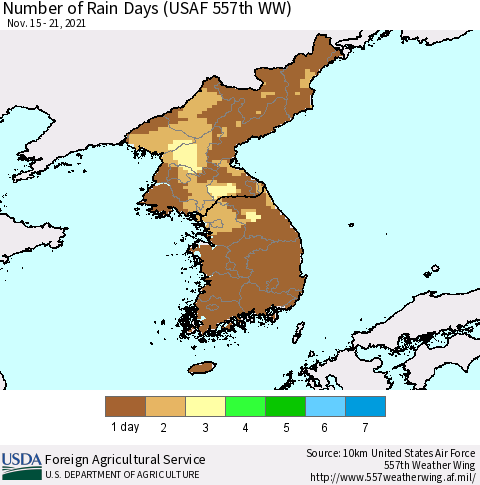 Korea Number of Rain Days (USAF 557th WW) Thematic Map For 11/15/2021 - 11/21/2021