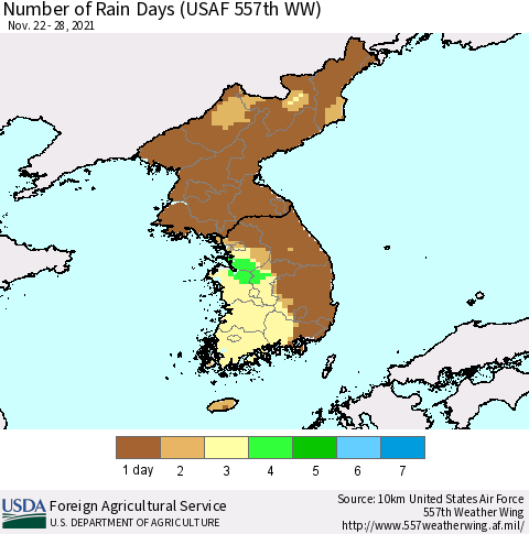 Korea Number of Rain Days (USAF 557th WW) Thematic Map For 11/22/2021 - 11/28/2021
