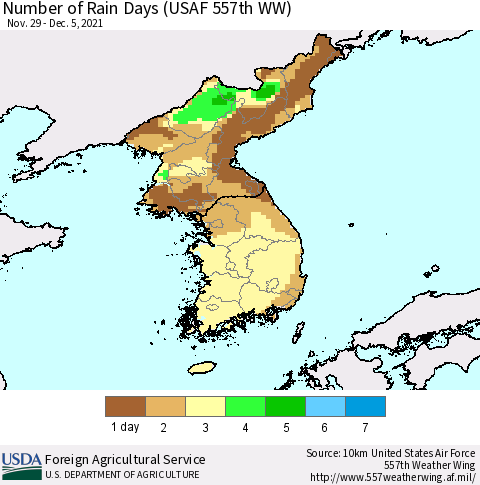 Korea Number of Rain Days (USAF 557th WW) Thematic Map For 11/29/2021 - 12/5/2021