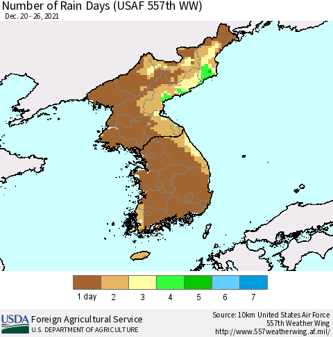 Korea Number of Rain Days (USAF 557th WW) Thematic Map For 12/20/2021 - 12/26/2021