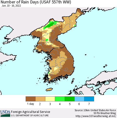 Korea Number of Rain Days (USAF 557th WW) Thematic Map For 1/10/2022 - 1/16/2022