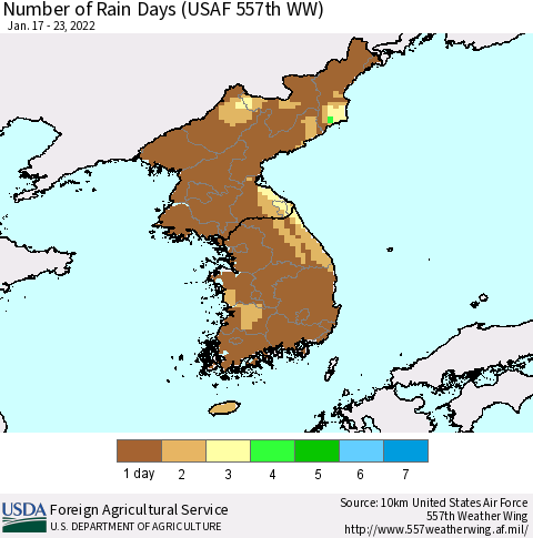 Korea Number of Rain Days (USAF 557th WW) Thematic Map For 1/17/2022 - 1/23/2022