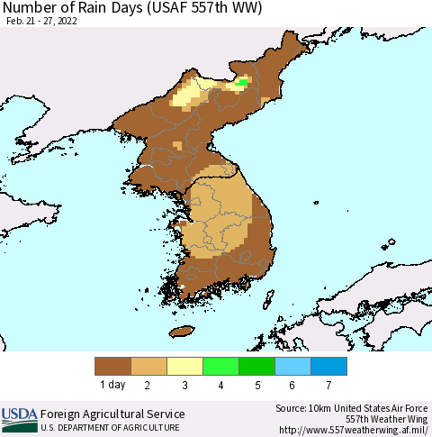 Korea Number of Rain Days (USAF 557th WW) Thematic Map For 2/21/2022 - 2/27/2022