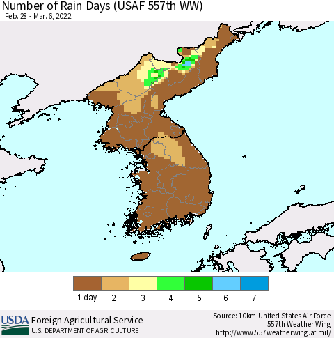 Korea Number of Rain Days (USAF 557th WW) Thematic Map For 2/28/2022 - 3/6/2022