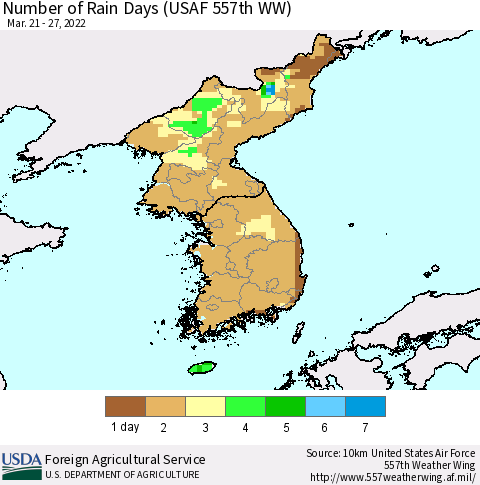 Korea Number of Rain Days (USAF 557th WW) Thematic Map For 3/21/2022 - 3/27/2022