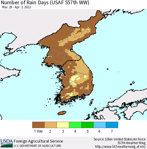 Korea Number of Rain Days (USAF 557th WW) Thematic Map For 3/28/2022 - 4/3/2022
