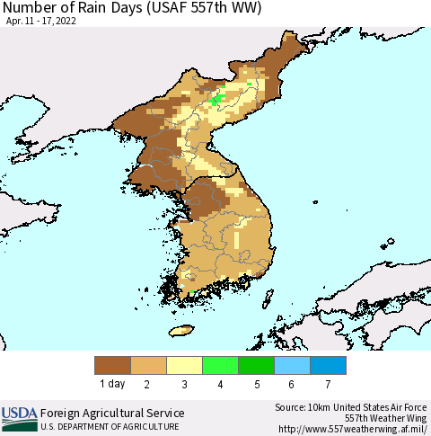 Korea Number of Rain Days (USAF 557th WW) Thematic Map For 4/11/2022 - 4/17/2022