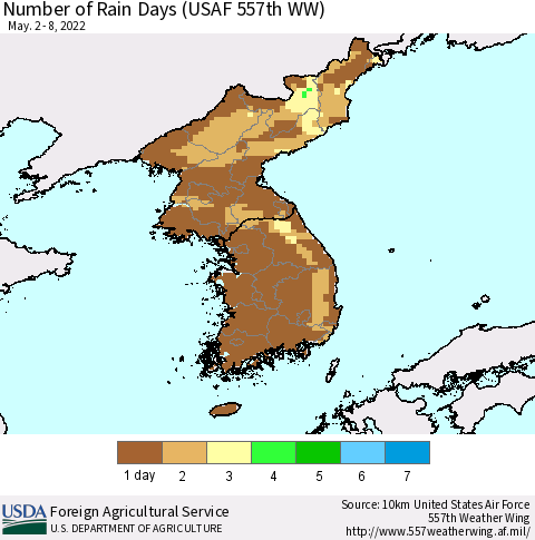 Korea Number of Rain Days (USAF 557th WW) Thematic Map For 5/2/2022 - 5/8/2022