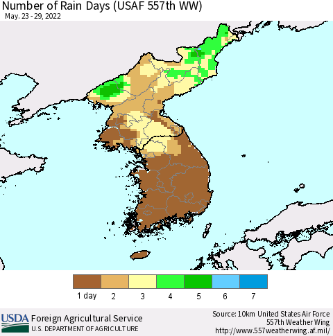 Korea Number of Rain Days (USAF 557th WW) Thematic Map For 5/23/2022 - 5/29/2022