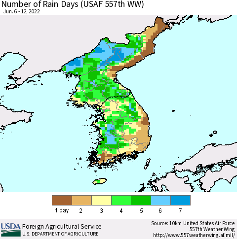 Korea Number of Rain Days (USAF 557th WW) Thematic Map For 6/6/2022 - 6/12/2022