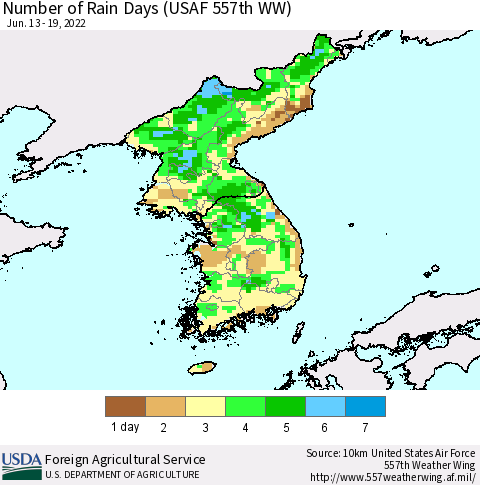 Korea Number of Rain Days (USAF 557th WW) Thematic Map For 6/13/2022 - 6/19/2022