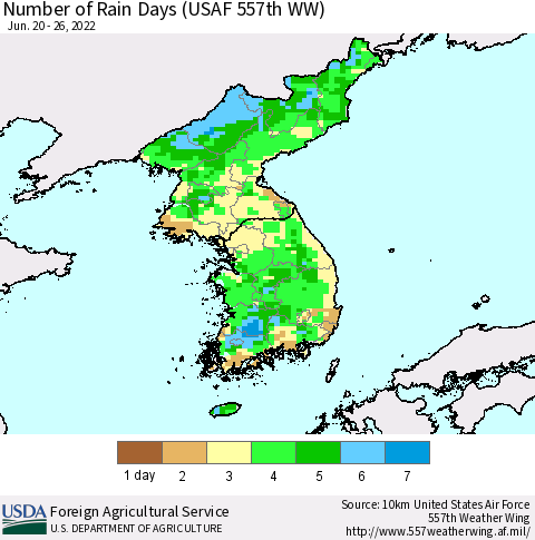 Korea Number of Rain Days (USAF 557th WW) Thematic Map For 6/20/2022 - 6/26/2022