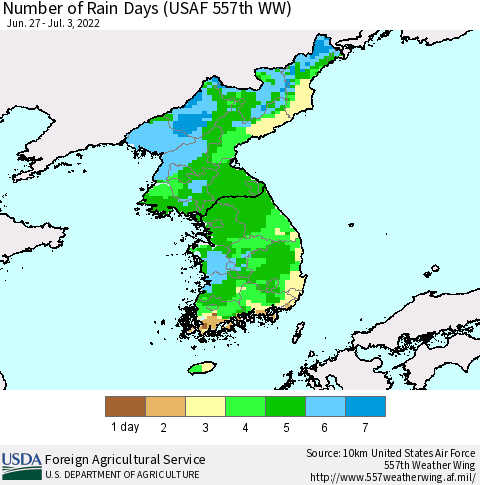 Korea Number of Rain Days (USAF 557th WW) Thematic Map For 6/27/2022 - 7/3/2022