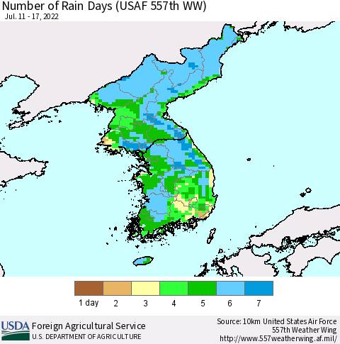 Korea Number of Rain Days (USAF 557th WW) Thematic Map For 7/11/2022 - 7/17/2022