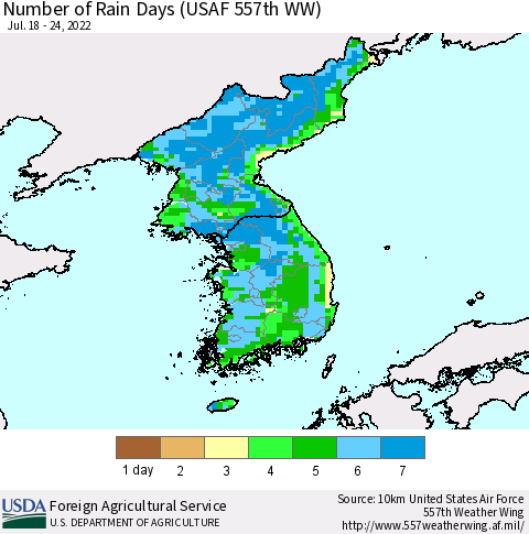 Korea Number of Rain Days (USAF 557th WW) Thematic Map For 7/18/2022 - 7/24/2022