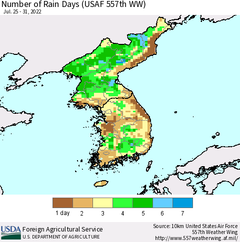 Korea Number of Rain Days (USAF 557th WW) Thematic Map For 7/25/2022 - 7/31/2022