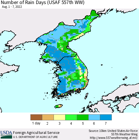 Korea Number of Rain Days (USAF 557th WW) Thematic Map For 8/1/2022 - 8/7/2022