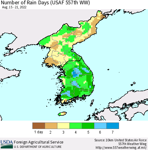 Korea Number of Rain Days (USAF 557th WW) Thematic Map For 8/15/2022 - 8/21/2022