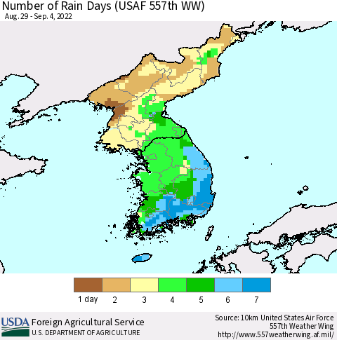 Korea Number of Rain Days (USAF 557th WW) Thematic Map For 8/29/2022 - 9/4/2022