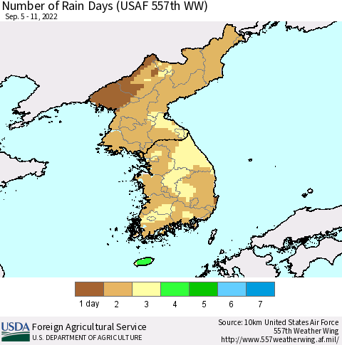 Korea Number of Rain Days (USAF 557th WW) Thematic Map For 9/5/2022 - 9/11/2022