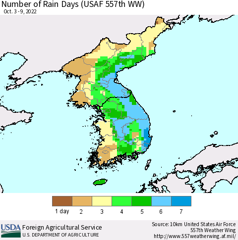 Korea Number of Rain Days (USAF 557th WW) Thematic Map For 10/3/2022 - 10/9/2022
