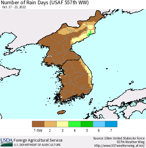 Korea Number of Rain Days (USAF 557th WW) Thematic Map For 10/17/2022 - 10/23/2022