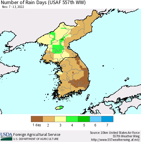 Korea Number of Rain Days (USAF 557th WW) Thematic Map For 11/7/2022 - 11/13/2022