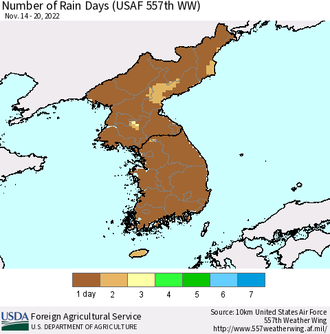 Korea Number of Rain Days (USAF 557th WW) Thematic Map For 11/14/2022 - 11/20/2022