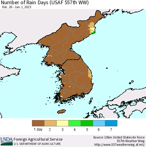 Korea Number of Rain Days (USAF 557th WW) Thematic Map For 12/26/2022 - 1/1/2023