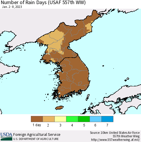 Korea Number of Rain Days (USAF 557th WW) Thematic Map For 1/2/2023 - 1/8/2023